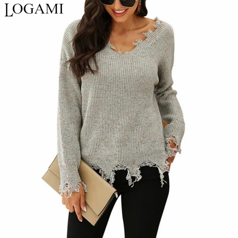 

LOGAMI Colorful Dot Knit Sweater Ripped V-neck Pullover Women Long Sleeve Autumn Winter Sweaters