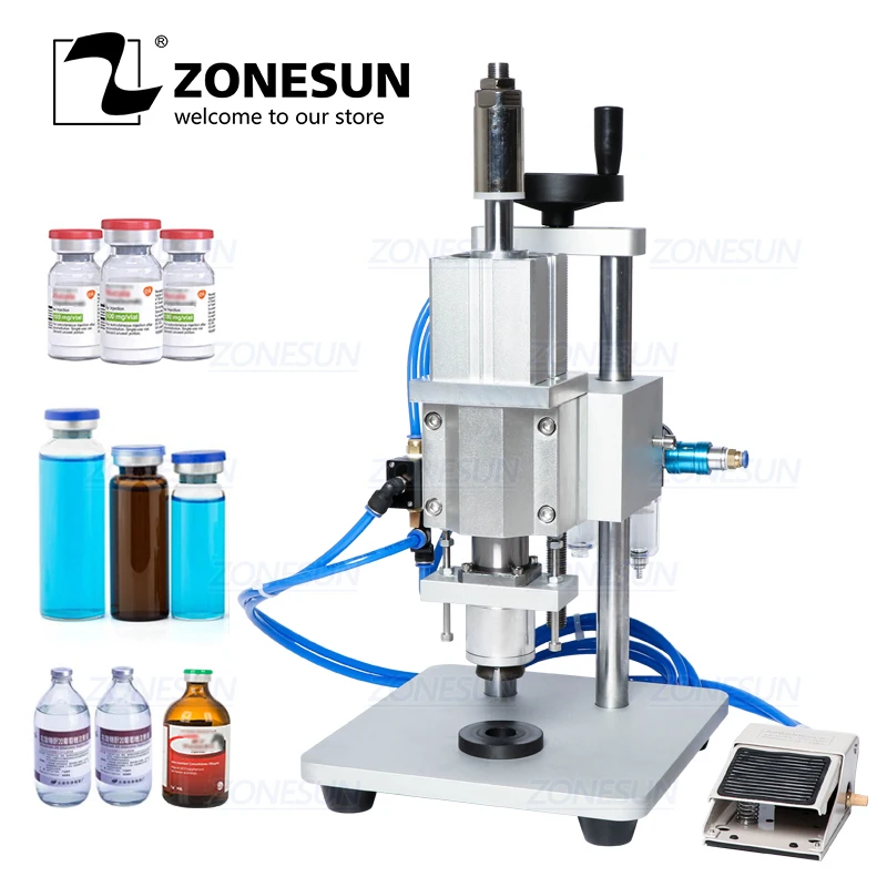 

ZONESUN Pneumatic Capping Machine Oral Liquid Penicillin Antibiotic Injectable Bottle Capper Aluminum Plastic Glass Vial Crimper