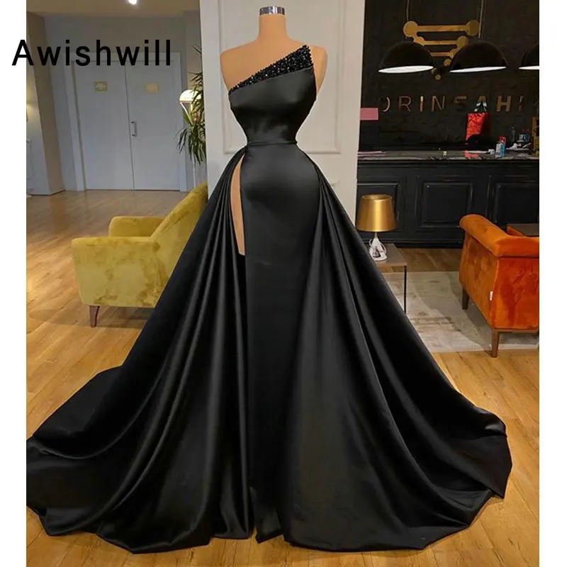 

2020 сексуальные длинные черные вечерние платья 2020 с высоким разрезом Дубаи женские атласные вышитые бисером вечерние платья