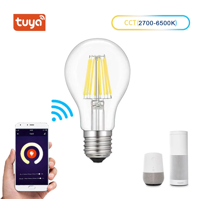 E27 WiFi smart led filament bulb tuya APP control to adjust brightness support Alexa Google voice LED light | Освещение