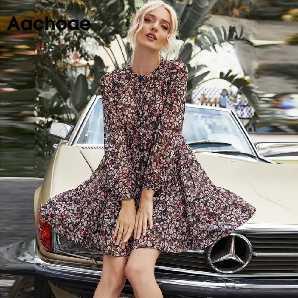 

Aachoae Boho Style Floral Print Pleated Dress Long Sleeve Women Mini Dress O Neck Loose Ladies Dresses Beach Sundress Ropa Mujer