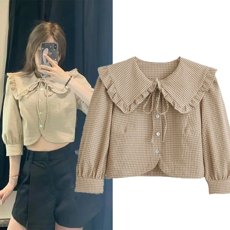 

Wesay Jesi 2021 Summer Women's Blouse Sweet Plaid Three-quarter Sleeves Lace-up Fashion Casual Elegant Dignified Short Sleeves