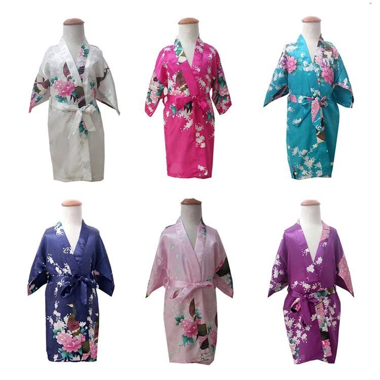 New Peacock Kids Robe Satin Children Kimono Robes Bridesmaid Flower Girl Dress Silk children's bathrobe Nightgown robe size 2-14 |