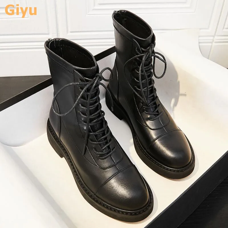

2021 New Women's Shoes Genuine Leather Autumn Short Boots For Women Fashion Trend Martin Boots Black Low-heel Back Zipper Shoes