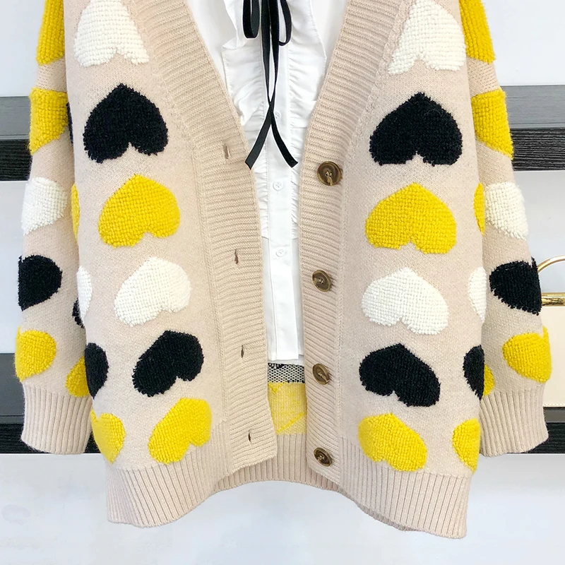 

TIGENA Autumn Winter Women Long Cardigan Sweater 2021 Korean Cute Heart Pattern All-match Button Down Loose Knitted Coat Female