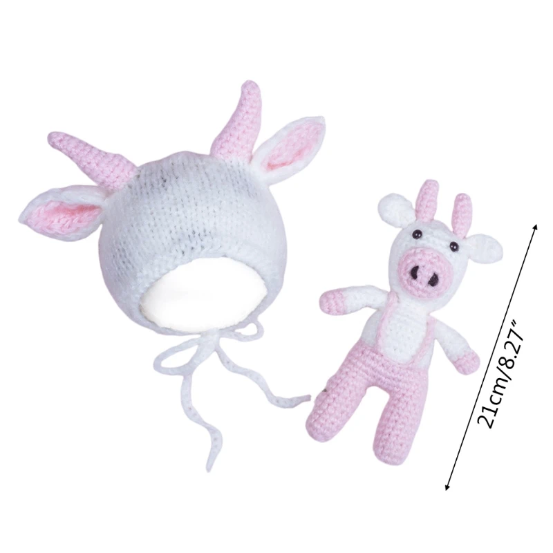 

50LE Baby Crochet Cow Doll Cute Animal Ox Hat Bonnet Beanies Knitted Stuffed Toys Set Newborn Photography Props