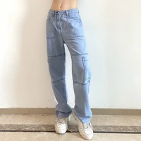 new women pants 2021 fashion high waist open line stitching personality straight leg trousers cowgirl pocket button casual jeans