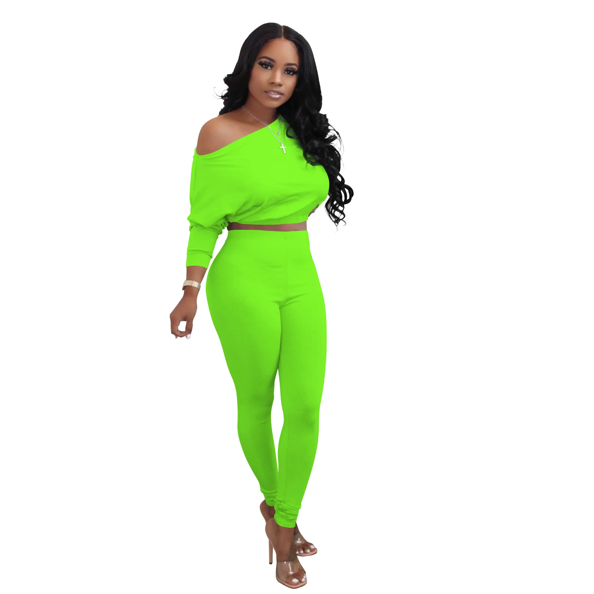 

Plus Size Two Piece Set Women Long Sleeve Slash Neck Elastic Short Top and Leggings Pants Sets Tracksuit Wholesale Dropshipping