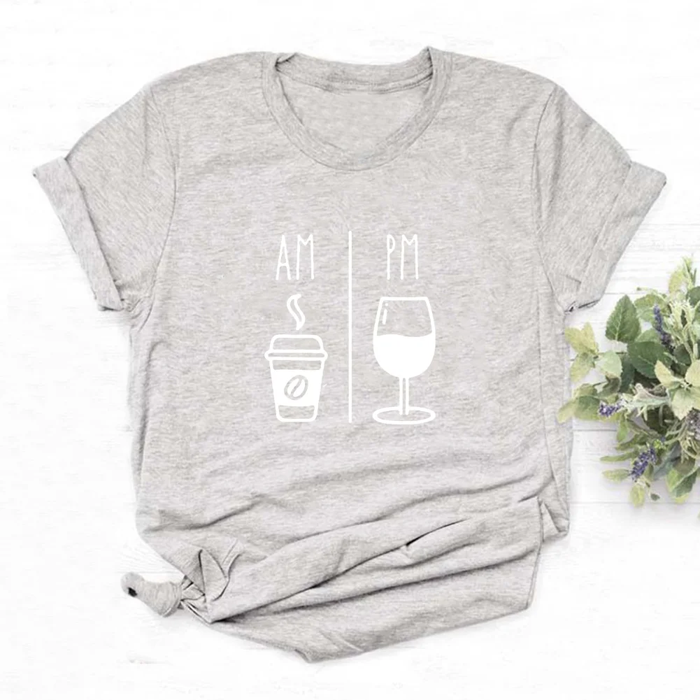 Женская футболка с коротким рукавом AM COFFEE PM WINE хлопковая свободная Черно-белая