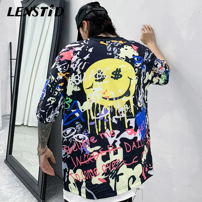 LENSTID Мужская футболка со смайликом и граффити Harajuku 2020 уличная в стиле хип-хоп