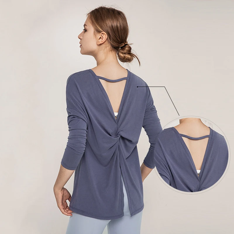 Long Sleeve Women Yoga Tops Open Back Running Clothes Pilates Loose Workout Sportswear Quick Dry Dance Shirts for Gym Fitness