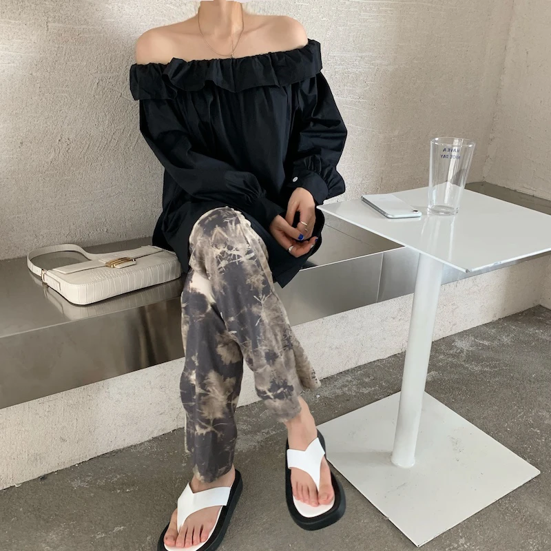 

New 2021 Summer Autunm Women's Blouses Shirts Slash Neck Korean Split Ruffle Oversize Wild Vintage Lady Tops