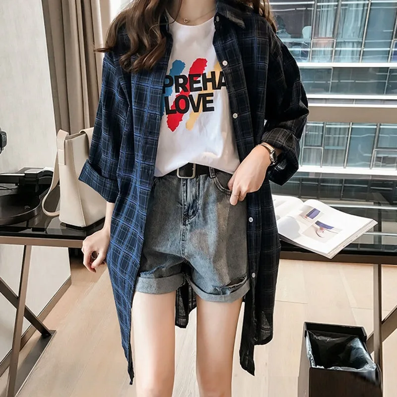 Новая свободная Женская Корейская клетчатая рубашка средней длины размера плюс