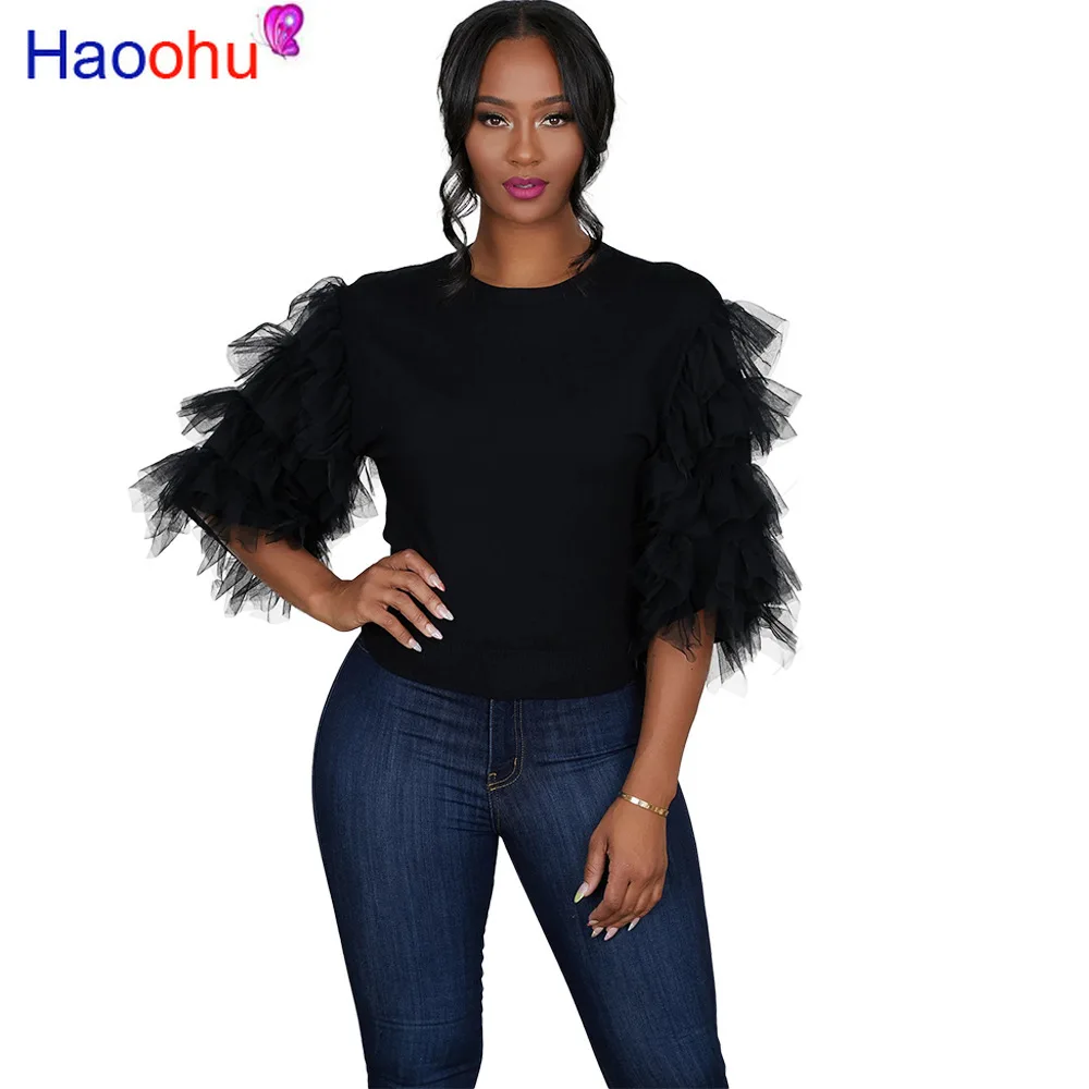 

HAOOHU Black Mesh Half Sleeve T Shirt Fall Clothes for Women Rave Skinny O-Neck Tshirt Slim Fit Party Club Tee Shirt Femme Tops