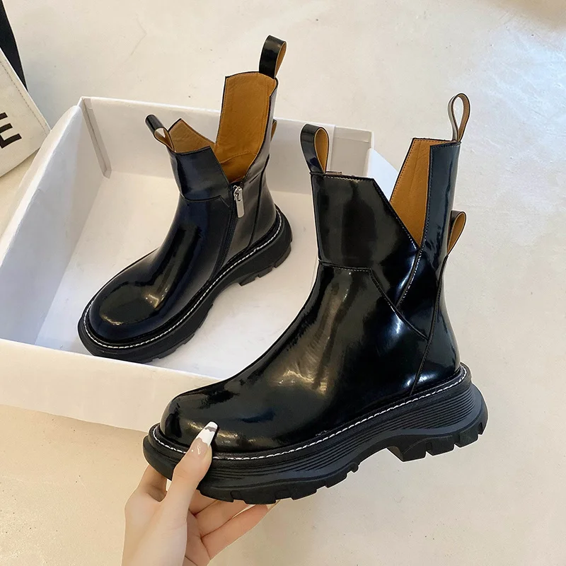 

Women's Martin Shoes New Autumn Single Versatile Thick Heel Patent Leather Short Ankle Boots For Women
