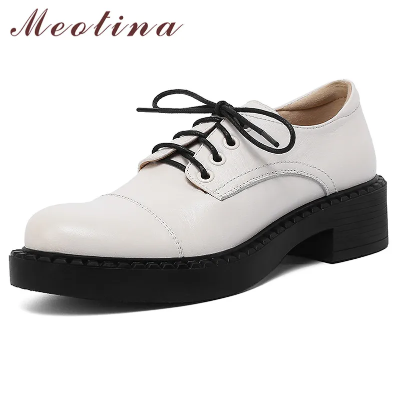 

Meotina Shoes Women Genuine Leather Platform Mid Heel Pumps Round Toe Cross Tied Shoes Chunky Heels Female Footwear Beige 34-40
