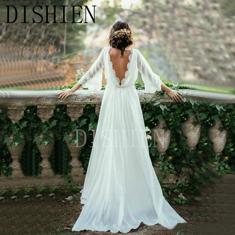 DISHIEN богемные шифоновые Свадебные платья с глубоким вырезом и открытой спиной