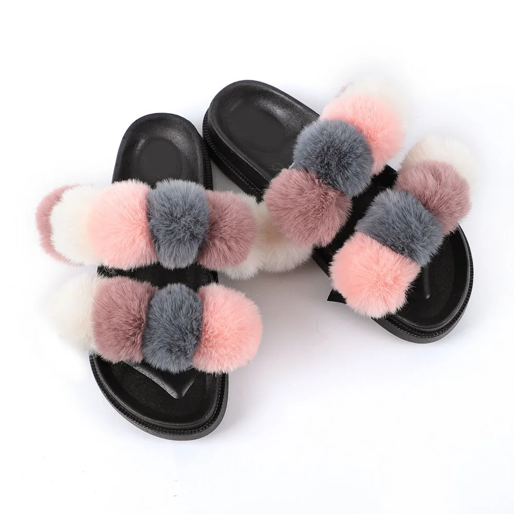 

Mixed Colors Furry Slipper Female EVA Sole Double Band Faux Fur Decor Sandal