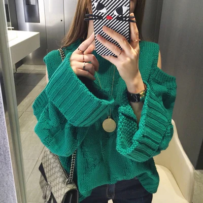

Off Shoulder Solid Loose Women Sweater O-neck Long Sleeve Pullovers 2019 New Knitted Korean Fashion Sueter Mujer C654