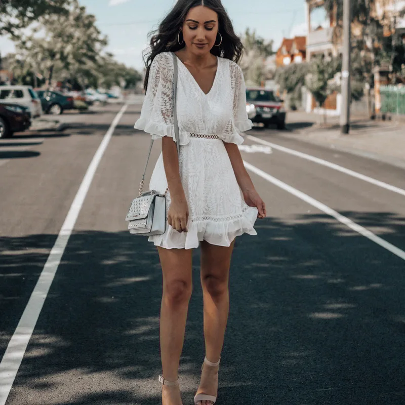 

Short Party Dress 2020 Short Mini Women Summer Dresses Midi New Ladies Neck Lace Long Sleeve Print Spandex