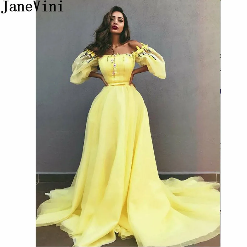 JaneVini 2020 лимонно-желтые вечерние платья для выпускного вечера с пышными рукавами