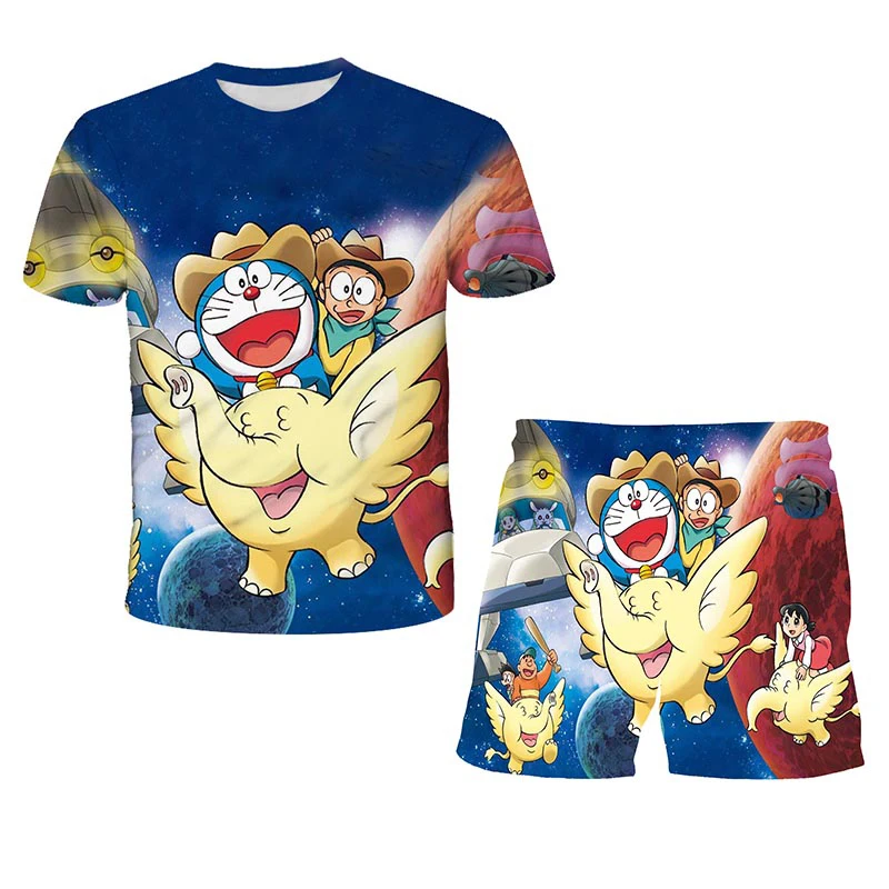 

Doraemon T-shirt Girl Set Boy T-shirt + Shorts 2-piece 3D Printed T-shirt Kids Favorite Anime Doraemon Costume Summer Set