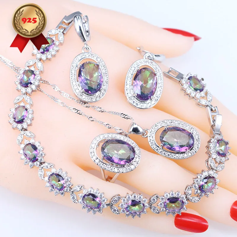 Мульти Радуга 925 стерлингового серебра Ювелирные наборы для женщин браслет