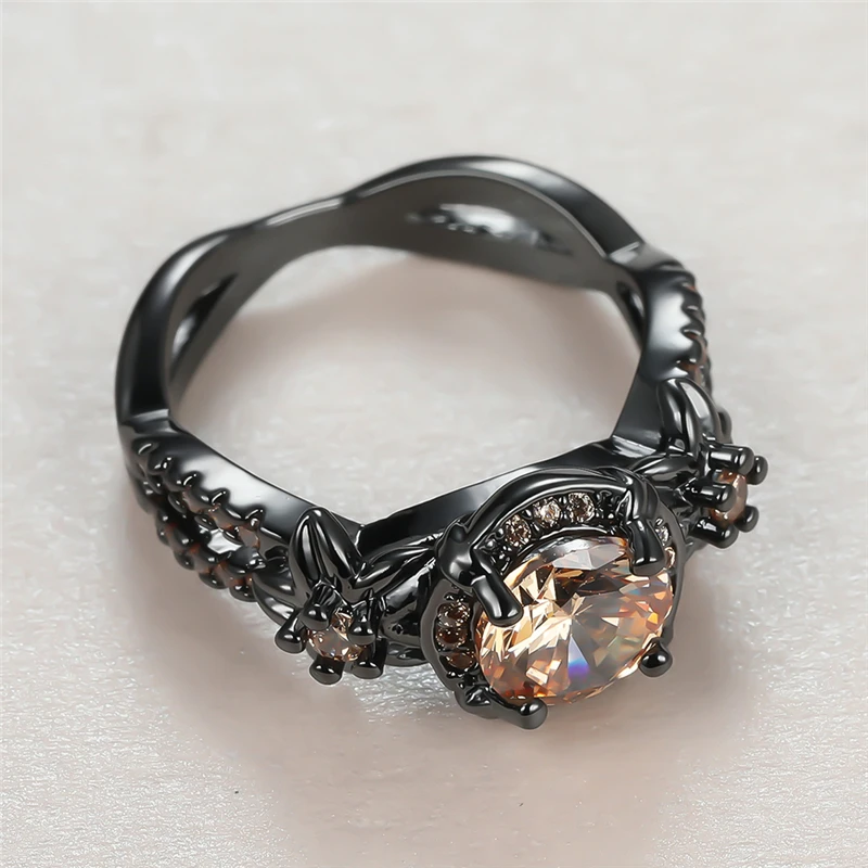 

Trendy Female Champagne Crystal Stone Ring Charm Black Gold Flower Wedding Rings For Women Cute Round Zircon Engagement Ring