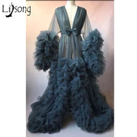 photo bathrobe chic illusion ruffles tulle long prom dresses lush puff full sleeves kimono pregnant party dress prom gowns