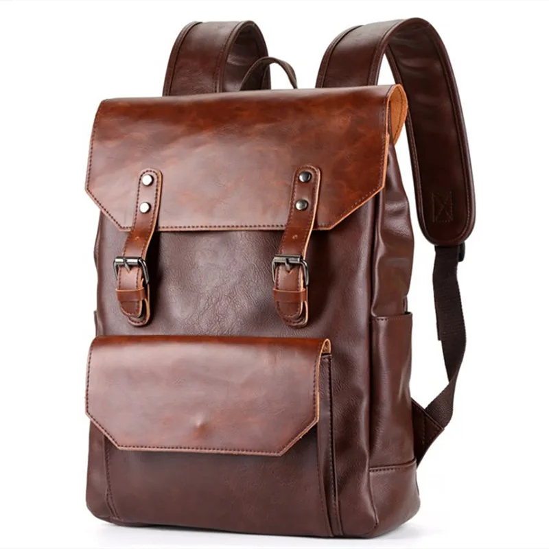 Men's Vintage Fashion PU Leather Laptop Backpack Urban Travel Backpacks Bag Orange Shoulder Student School Bookbag 2021 Mochila