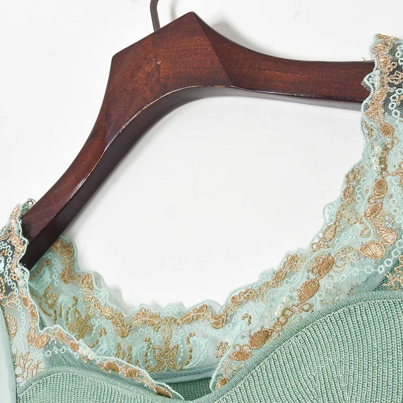 

2021 Summer Women Short Sleeve Thin Slim Knit Top Vintage Lace Embroidery Mesh Mint Green Bodycon Sweater Basic Shirt Knitwear