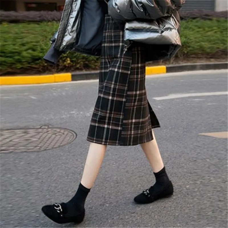 

Women Winter Midi Long Skirt Plus Size Elegant Plaid High Waist Wool Warm Wool Autumn Female Fashion Vintage Skirt Maxi Skirts