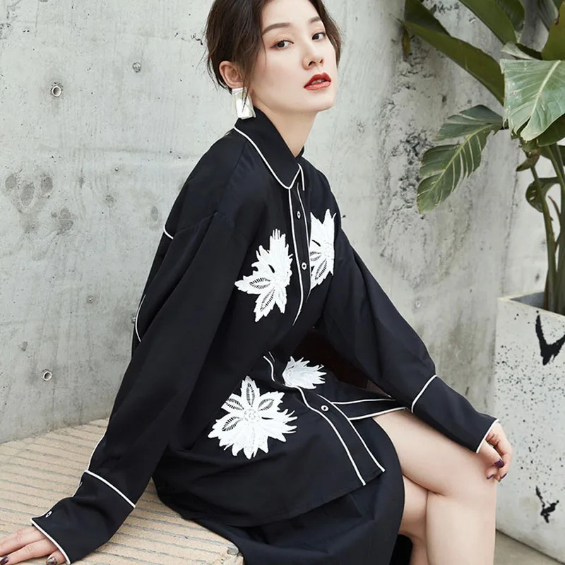 Женская винтажная рубашка с длинным рукавом черная или белая свободная офисная в