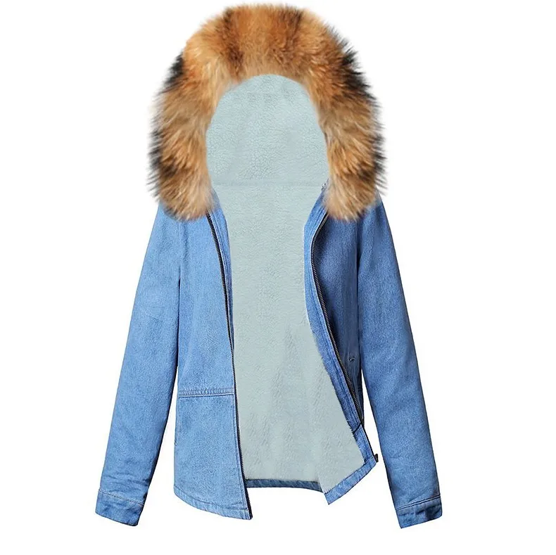 Brown fur Однотонная зимняя джинсовая куртка с меховым воротником и капюшоном для женщин, Повседневная модная женская джинсовая куртка с меховой подкладкой, женская верхняя одежда, джинсовая женская куртка - Цвет: Brown fur