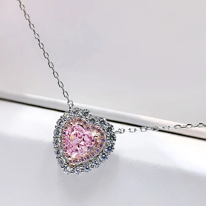 

S925 Sterling Silver Sweet Pink Yellow Heart 7*7mm Ice Cut High Crabon Diamond Pendant Necklace For Women Wedding Fine Jewelry
