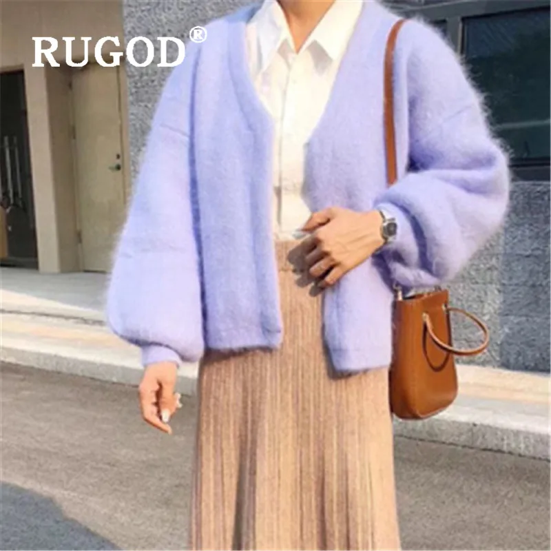 

RUGOD Elegant Purple Mink Cashmere Sweater Women Fashion V Neck Lantern Sleeve Cadigan Feminino Autumn Winter Sweater Coat Pull