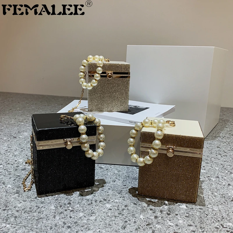 

Personality Bling Rhinestone Women Handbags Ins Pearl Square Box Purses For Female Diamond Fashion Chain Crossbody Bags Ladies