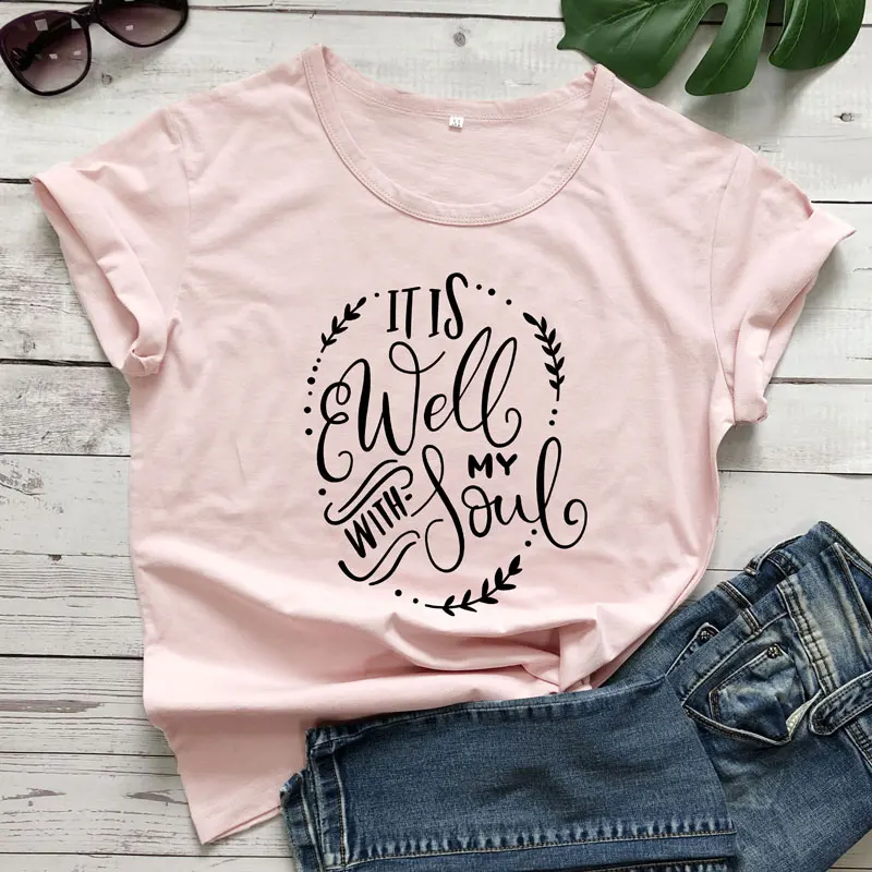 Женская футболка с надписью &quotIt Is Well With My Soul&quot Винтажная круглым вырезом и