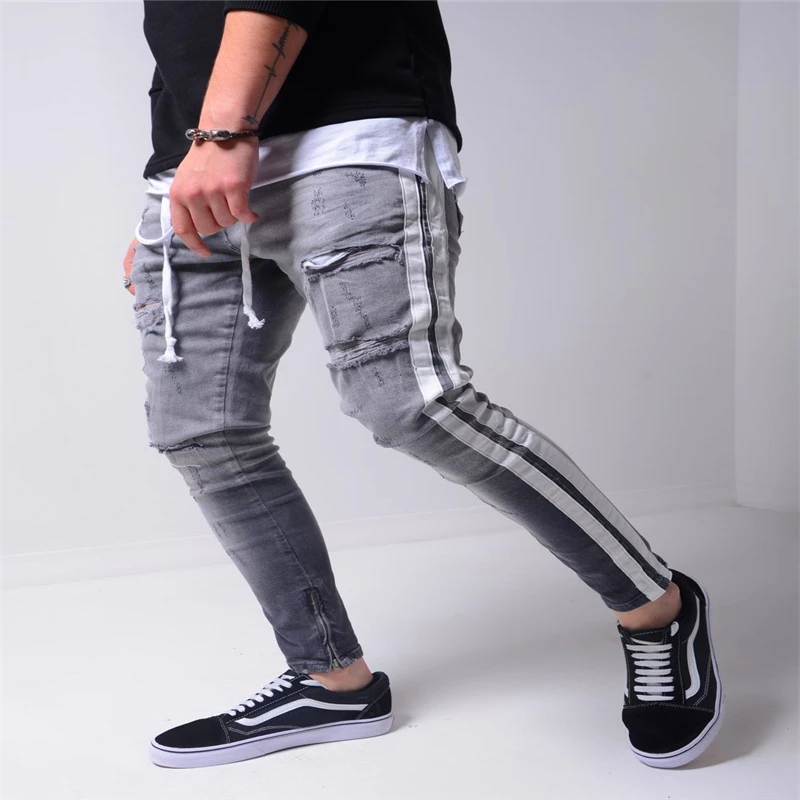 

Men's Ripped Pencil Pants Men Skinny Denim Side Striped Jeans Fashion Foot Mouth Zipper Elasticity Hip-Hop Slim Denim Trousers