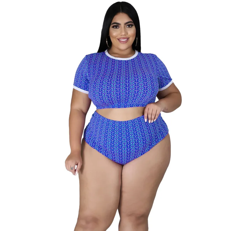 

2021 Summer Women Plus Size Printing Two Piece Sets Casual High Waist Mini Shorts + O-neck Short Sleeve Short T-shirts Outfits