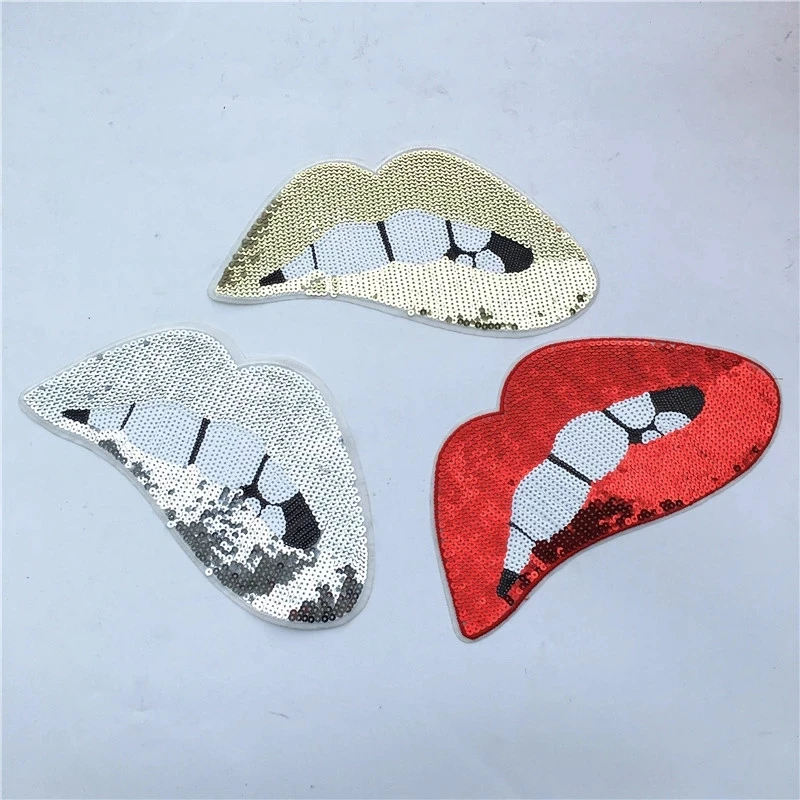 

2pcs Red/Gold/Silver Sequins Lips Patches For Garment Accessories Embroidered Iron On Patches For Clothing DIY Motif Applique