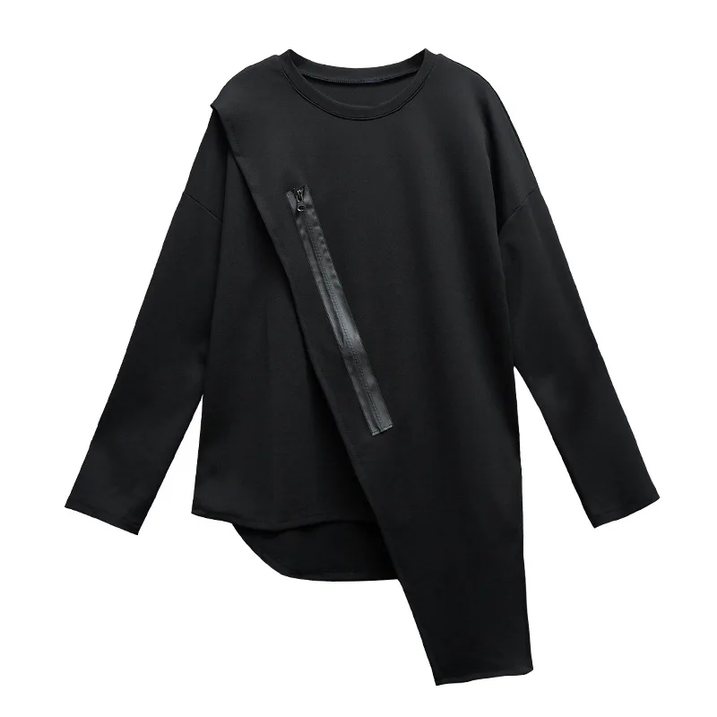 

BF Zipper Black T Shirt for Women Plus Size Long Sleeve Round Neck Tide Street Style Tops Korean Women Clothing Leisure SA400S30