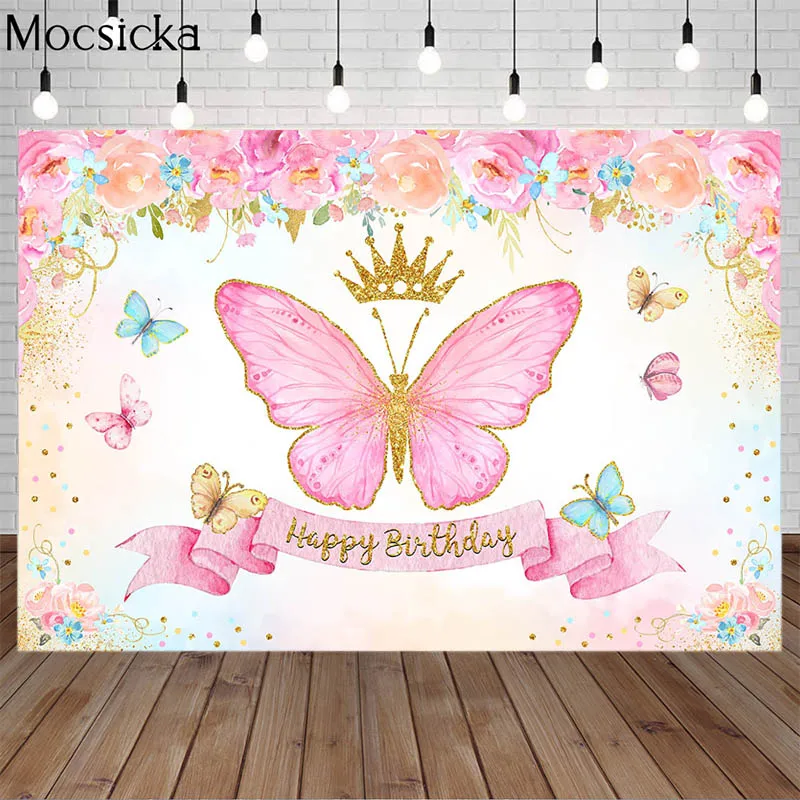 Mocsicka Pink Butterfly Birthday Backdrops For Girl Party Decor Props Crown Floral Baby Shower Photo Photography Background