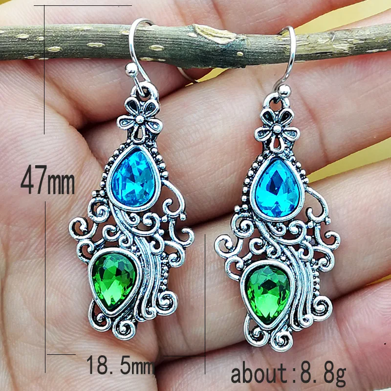 

European and American Vintage Creative Peacock Flower Drop-Shaped Blue Green Crystal Earrings Topaz Earrings Woman Jewelry