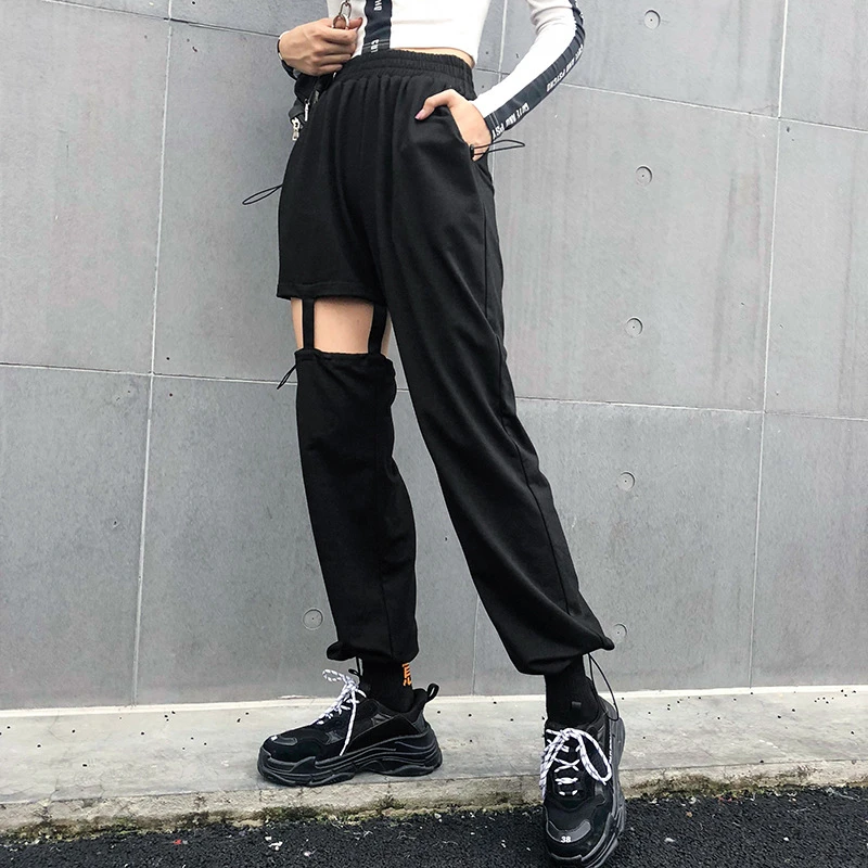 Женские прямые брюки карандаш с вырезами черные высокой талией и эластичным