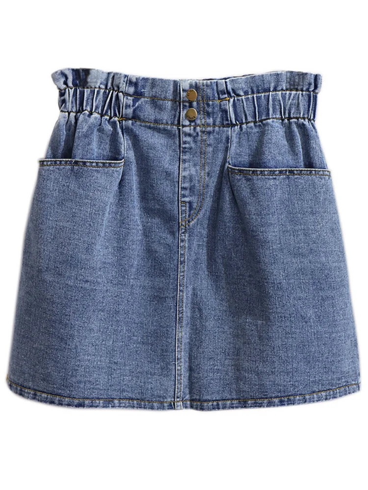 

korean fashion denim skirts plus size elastic waist harajuku kawaii Two Pockets skirt Short Length Women Skirts faldas DM