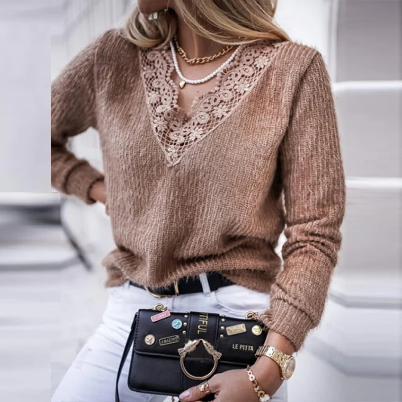 

2021 Casual Knit Solid Bottoming Sweaters Autumn Winter Elegant Lace V Neck Pullover Top Fashion Women Long Sleeve Sweater Mujer