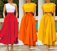beach skirt womens solid color high waist a line skirt fashion slim waist bow belt pleated long maxi skirts red orange yellow