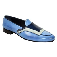 mens pu blue stitching buckle decoration low heel comfortable and fashionable everyday business casual loafers 8kh043