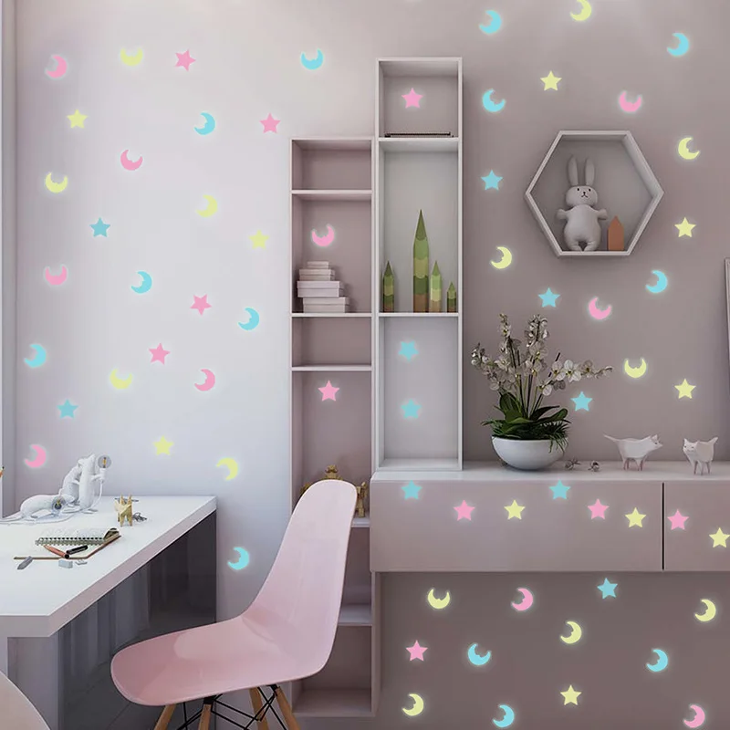 

100Pcs Luminous Moon Stars Wall Sticker Luminous Paste Sstickers Kids Child Bedroom Wall Stickers Fluorescent Stickers Decor